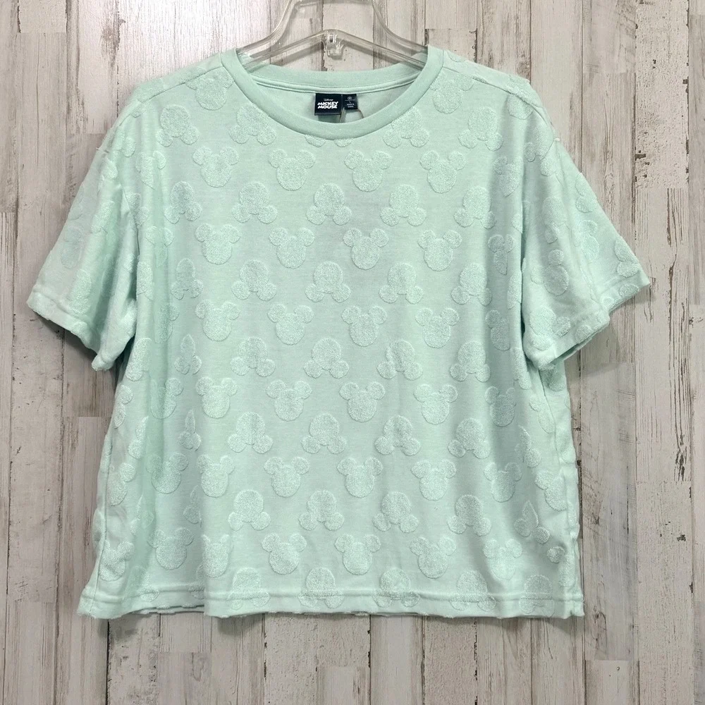 Disney Mickey Mouse Womens Tee Shirt L Embossed Mint Green Short Sleeve NEW